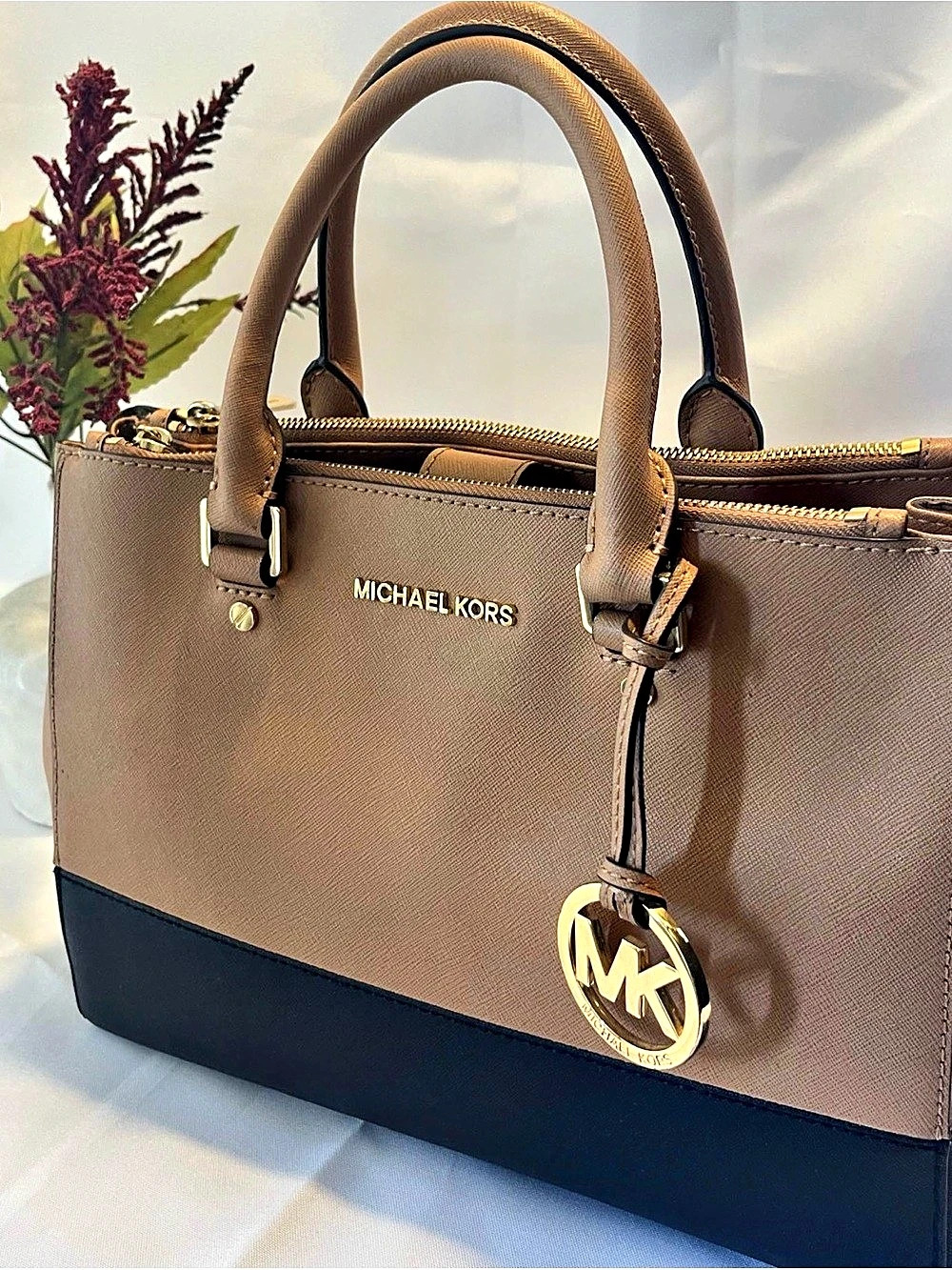 Michael Kors Mercer Medium Color-Block Belted Satchel Brown & Black